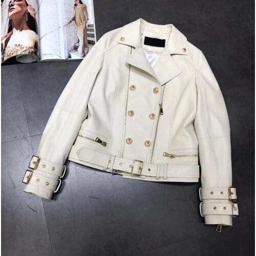 Maylofuer white genuine leather jacket women coat locomotive jackets for spring winter long sleeves with belt Double-breasted