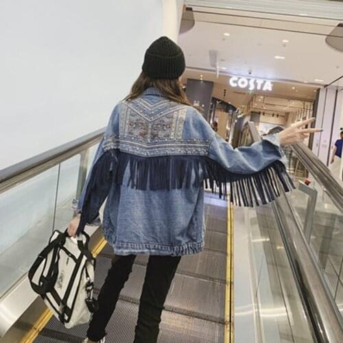 New Spring/autumn Women Loose Casual Long Sleeve Turn-down Collar Coat Tassels Design Single Breasted Cotton Denim Coats W594