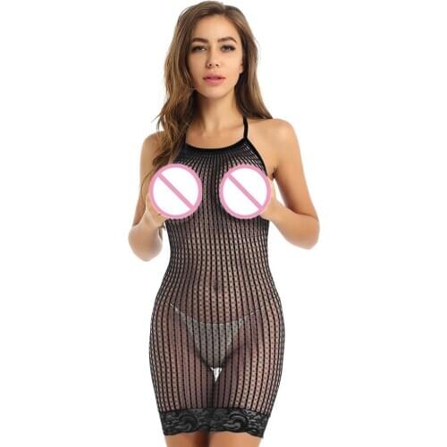 Womens Erotic Hollow Out Fishnet Dress Bodystockings Sexy Lingerie Halter Neck Sleeveless Lace Hemline Mini Bodycon Nightwear