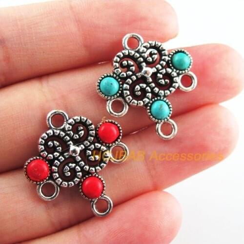 8Pcs Retro Tibetan Silver Tone Flower Crown Blue&Red Stone Charms Connectors 23x25.5mm