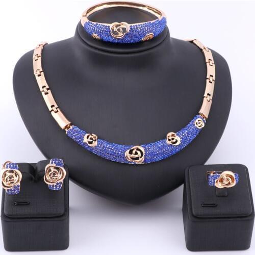 African Beads Jewelry Set Women Blue Austrian Crystal Gold Color Fashion African Dubai Necklace Fine Jewelry Sets