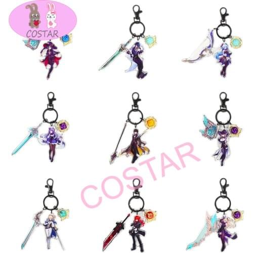 Anime game Genshin Impact sexy Lumine Jean Amber Lisa kaeya Barbara Diluc Venti Klee Mona Acrylic figure weapon keychain pendant