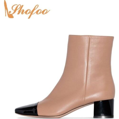 Black Patent Leather Pointed Toe Ankle Boots Med Chunky Heels Woman Zipper Booties Big Size 14 16 Ladies Fashion Shoes Shofoo