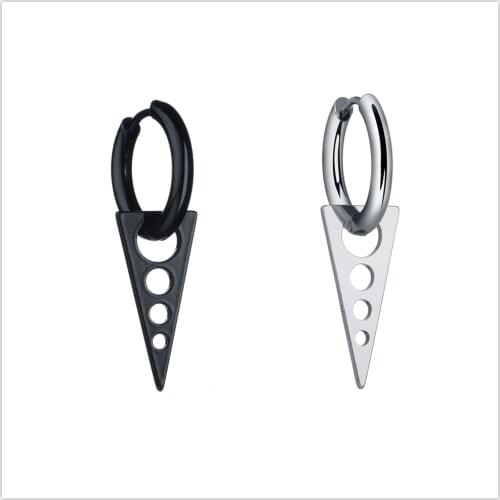 Black Punk Style Dangle Triangle With Hollow Round Single Stud Earring for Men Boys Huggie Hinged Earrings Jewelry