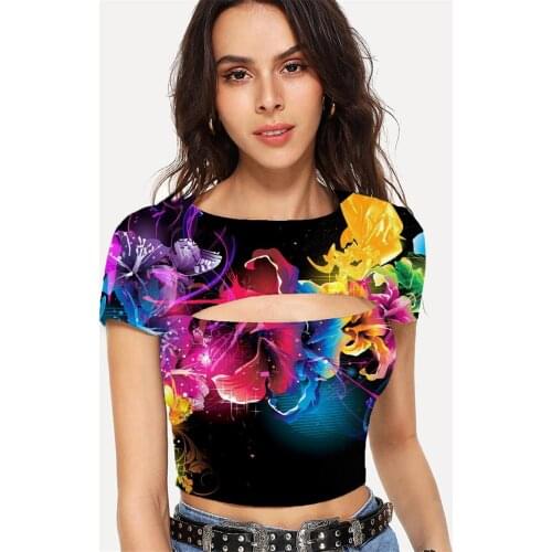 Somepet Flower T-shirt Women Colorful Shirt Print Graffiti T-shirts 3d Butterfly Hollow Out T shirts Short Sleeve Summer Printed