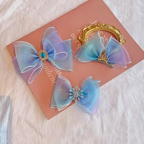 Gradient Rainbow Mesh Streamer Hair Bows Clips Pastel Mermaid Princess Hairpins Girls Hair Grips Crown Party Hair Accessories