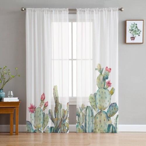 Cactus Tropical Plant White Sheer Curtains for Living Room Bedroom Kitchen Tulle for Windows Voile Drapes Home Decoration
