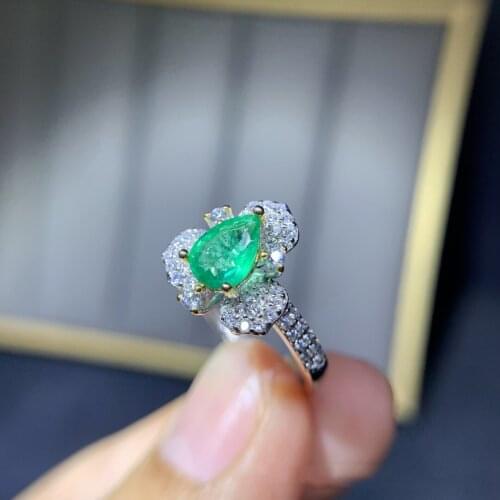 Vintage 100% 925 Sterling Silver Ring Pear 5*7 MM Natural Emerald Created Moissanite Gemstone Wedding Party Rings Fine Jewelry