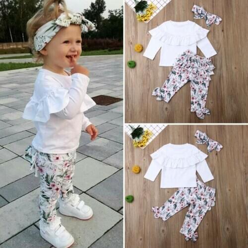 3pcs Toddler Kids Baby Girl Ruffle Floral Tops+Pants Leggings + Headwear Outfits Clothes Children Kids Clothes Sets