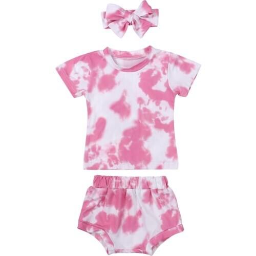 Newborn Baby Girls 3-piece summer casual Outfit Set Short Sleeve Tie-dye Print Top+Shorts+Headband Set
