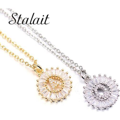 Custom Round 26 Letter Necklace Gold Color Cubic Zirconia Initial Necklace Chain Choker Name Necklace For Women