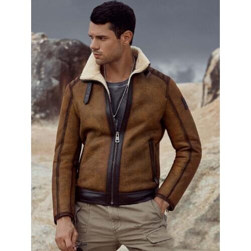 New Shearling Coat Mens B3 Bomber Jacket Brown Sheepskin Coat Motorcycle Leather Jacket Mens Winter Coats Short Fur Coat