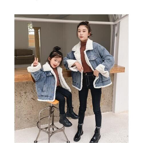 New Korean style winter faux lamb fur lining demin thick jacket outwear for girls and women Mom-daughter clothing