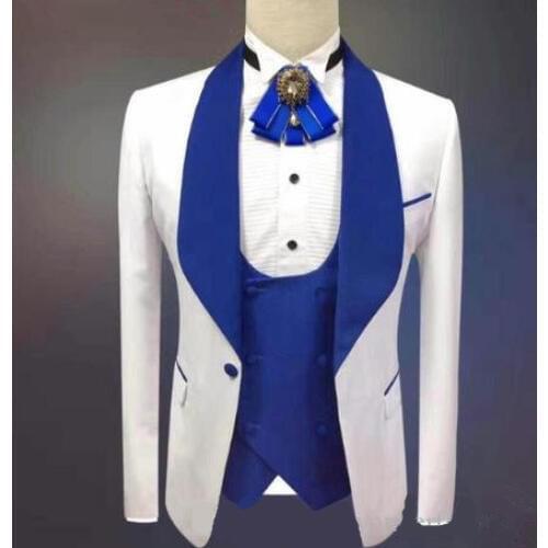 2019 New Arrival White One Button Groomsmen Royal Blue Shawl Lapel Groom Tuxedos Men Suits For Wedding/Prom Best Man Blazer