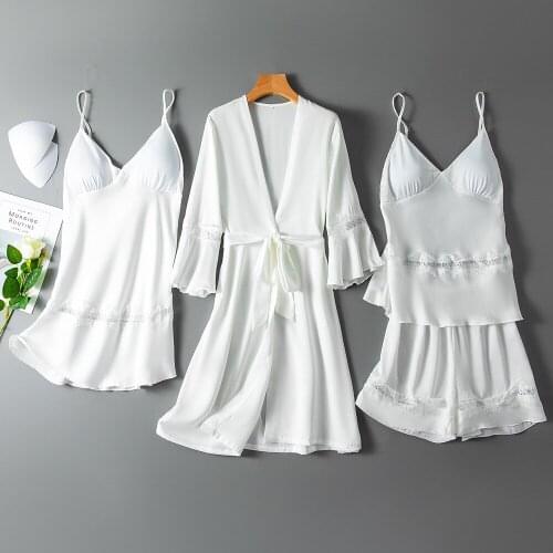 Summer White Pajamas Set Sexy Hollow Out 4PCS Sleepwear Women Satin Sleep Set Femme Pijamas Suit Casual Home Clothes