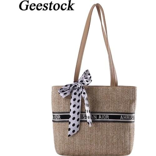 Geestock Summer Straw Beach Bag Rattan Woven Shoulder Bag Women Large Capacity Bow Leather Handbags Bohemian Travel Totes Bag