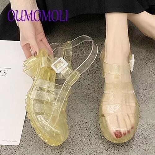 2021 Summer Women Jelly Shoes Women Sandals Square High Heels Transparent Platform Sandal Lady Bling Silver Jelly Shoes Sandals