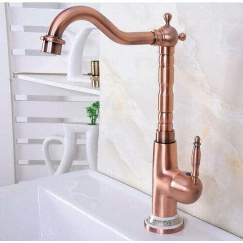Antique Red Copper Single Handle Kitchen Faucet Cold & Hot Water Mixer Taps Swivel Bathroom Basin Faucet