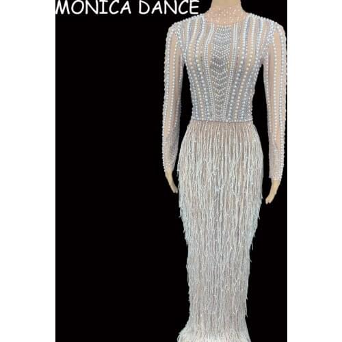 Sexy Stage Silver Rhinestone Pearl Fringe Long Dress Birthday Celebrate Transparent Outfit Women Dancer Nightclub Dress