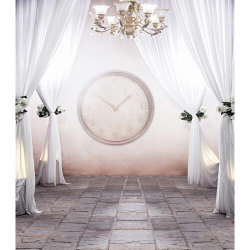 TR White Wall Wedding Photo Backdrop Pendant Light Brick Floor White Curtain Studio Background Photography Custom Backgrounds