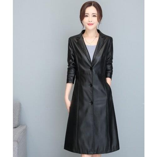 New Faux Leather Trench for Women 2020 Autumn Winter Black PU Leather Long Coat Plus Size Women Leather Blazers Outerwear M-4XL