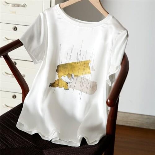White T-shirt Fashion Silk Printing Short Sleeve Round Neck T-shirt Printing Womens 2021 New Summer White Top Silk T-shirt