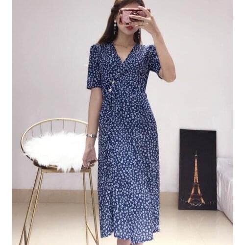 Women Midi Dress Classic Tea Dress Short Sleeve One Button Wrap Dress