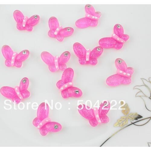 200pcs beautiful Pink glitter butterfly w/ rhinestone flat back resin cabochon for ,hair pins rings supply 21mm