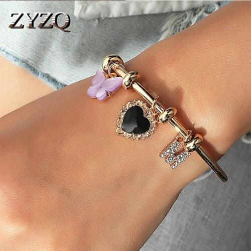 ZYZQ Shiny Cherry Crystal Bangle For Women Girl Gold Color Butterfly Love Letter Bracelet Fashion Party Jewelry Gifts