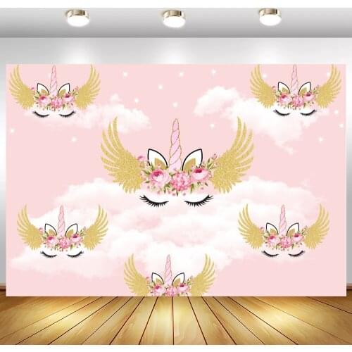 Floral Unicorn Golden Wings Photo Background For Girl Princess Stars Rainbow Clouds Newborn Baby Shower Backdrop Photography