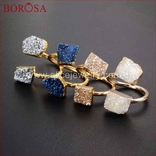 BOROSA Double Agates Drusy Stone Rings, Gold Color Irregular Shape Rainbow Agates Titanium Druzy Adjustable Ring G1182