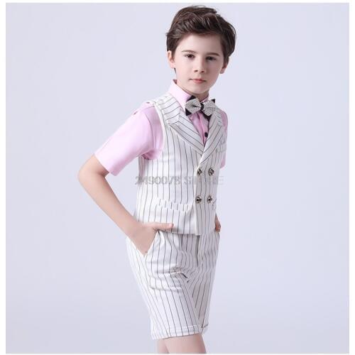 Prince Noble Vest Shirt Shorts Strap Bowtie 5Pcs Dress Flower Boys Summer Luxurious Suit Children Piano Performance Costume