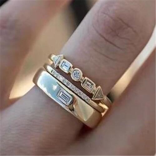 3 PCS Trendy White Cubic Zircon Wedding Ring Set For Women Party Engagement Jewelry Copper Hand Accessories Size 6-10