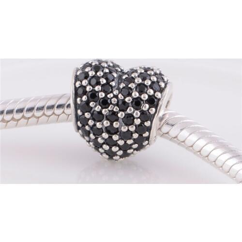 LW251B 925 Sterling Silver Black Rhinestone Crystal Love Heart Charm Bead Jewelry , Compatible With Pandora Bracelet DIY