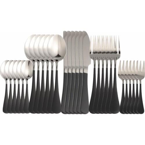 30Pcs Stainless Steel Black Silver Cutlery Tableware Set Home Dinnerware Dinner Flatware Set Forks Knives Spoons Set Silverware