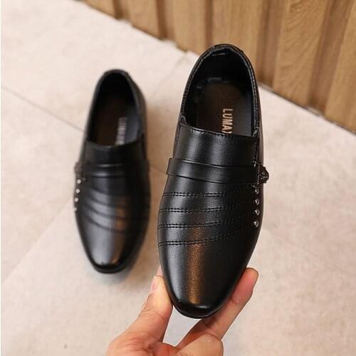 2021 New Kids Quality Leather Wedding Dress Shoes For Boys Brand Children Black White Wedding Shoes Formal Wedge Sneakers 21-36