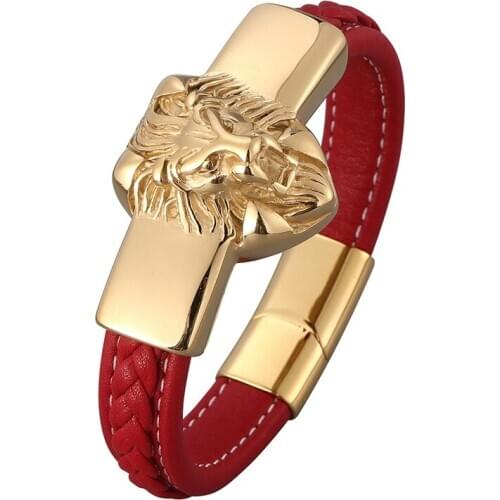 New Red Leather Men Bracelets Bangles Fashion Gold Lion Head Stainless Steel Magnetic Buckle Wristband Male Punk Jewelry SP0821