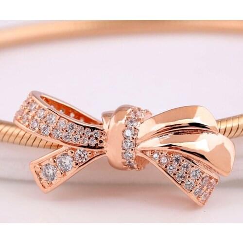 Original Rose Sparkling Oversized Brilliant Bow With Crystal Beads Fit 925 Sterling Silver Bead Charm Bracelet Jewelry