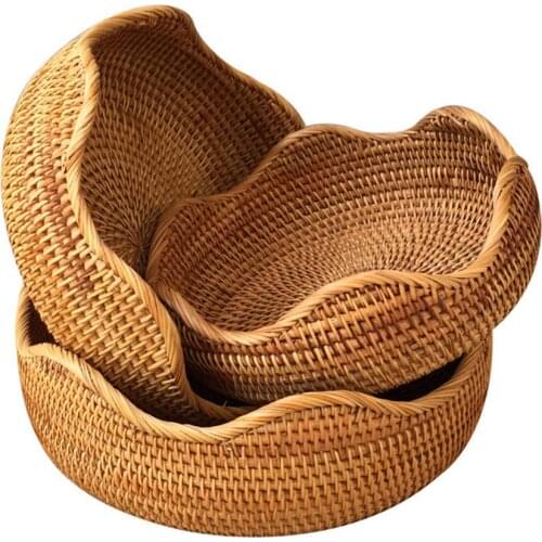 Storage Basket Rattan Storage Tray Wicker Basket Bread Fruit Food Breakfast Display Hand-Woven Rattan Basket Home Decor Crafts