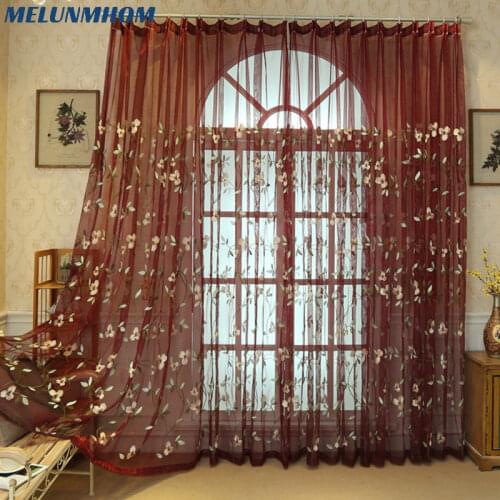 Luxury Embroidered Floral Tulle Blue/Red Sheer Curtain For Window Organza Voile Curtains for Living Room Bedroom Door Curtain