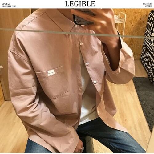 Shirt Men Mens Pocket Casual Solid Long Sleeve Shirts Male Summer Korean Fashions Pink Shirts High Quality 2XL