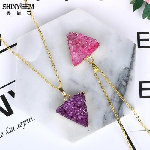 ShinyGem 2020 Natural HandmadePurple/Pink Druzy Pendant Necklaces Gold Plating Statement Triangle Pyramid Stone Trendy For Women