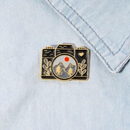 Fun Camera Enamel Brooch Travel Mountain Peak Sunrise Alloy Badge Clothes Bag Accessories Jewelry Gift