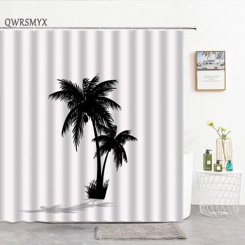Hand Drawn Black Palm Tree Pattern Shower Curtains Fabric Hook Plant Bath Curtain Home Decor Hanging Cloth Bathroom Products