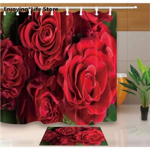 Rose Red Flowers Shower Curtain Set Waterproof Shower Curtain Bathroom Bath Mat Fabric Rugs 72 x 72 12 Hooks Shower Curtain Mat