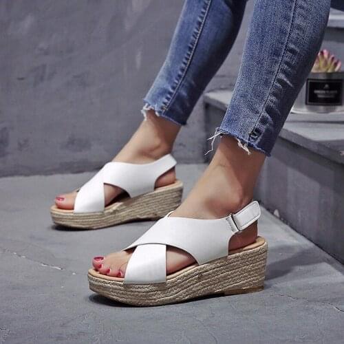 Womens Sandals Vintage Wedge Shoes Woman Buckle Strap Straw Thick Bottom Flats Platform Sandals Flock Female Shoes Summer 2021