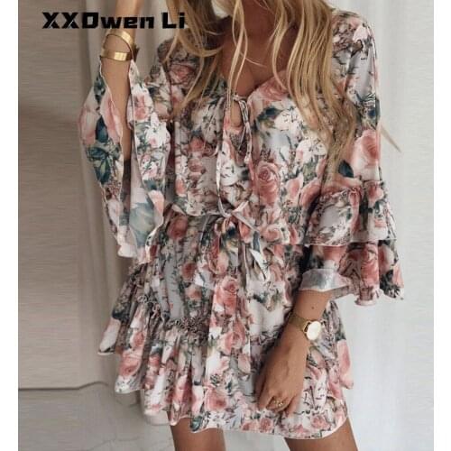 Woman Chiffon Casual Print Belt Ruffles Petal Sleeve Mini Dress Dress For Women Cascading Ruffle Sexy Lace Up Boho Vacation Club