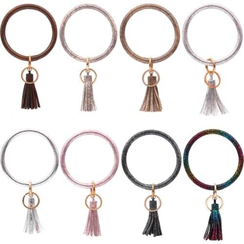 Women Tassel Big Circle Faux Leather Wristlet Keychain Bracelet Key Ring Holder