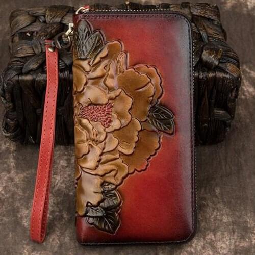 Genuine Leather Women Long Purse Wrist Money Bags Female ID Credit Cards Clips Floral Embossed Printing Clutch Wallet Zipper B