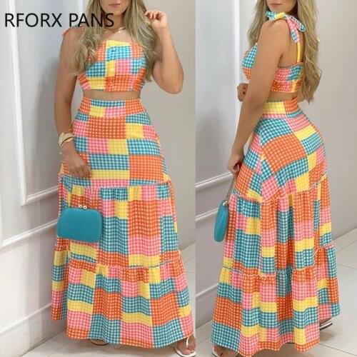 Women Set Two Pieces Plaid Colorblock Tied Detail Crop Top & Maxi Skirt Set Casual Womens Outfits